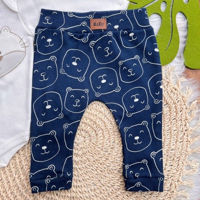  Body Manga Longa e Calça Ursinho com Boné - Azul Marinho e Off White